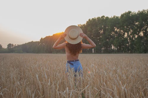 Back View of a Topless Woman Standing in the Middle of the Wheat Field