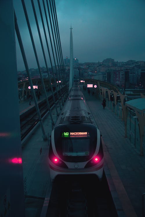 Train on Railway Station in Evening