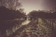 黄昏时分，一座桥横跨在薄雾缭绕的河上，四周树木环绕