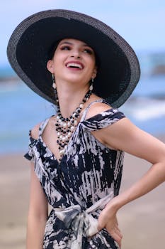 Chic woman in a stylish beach dress and hat, smiling joyfully by the sea.