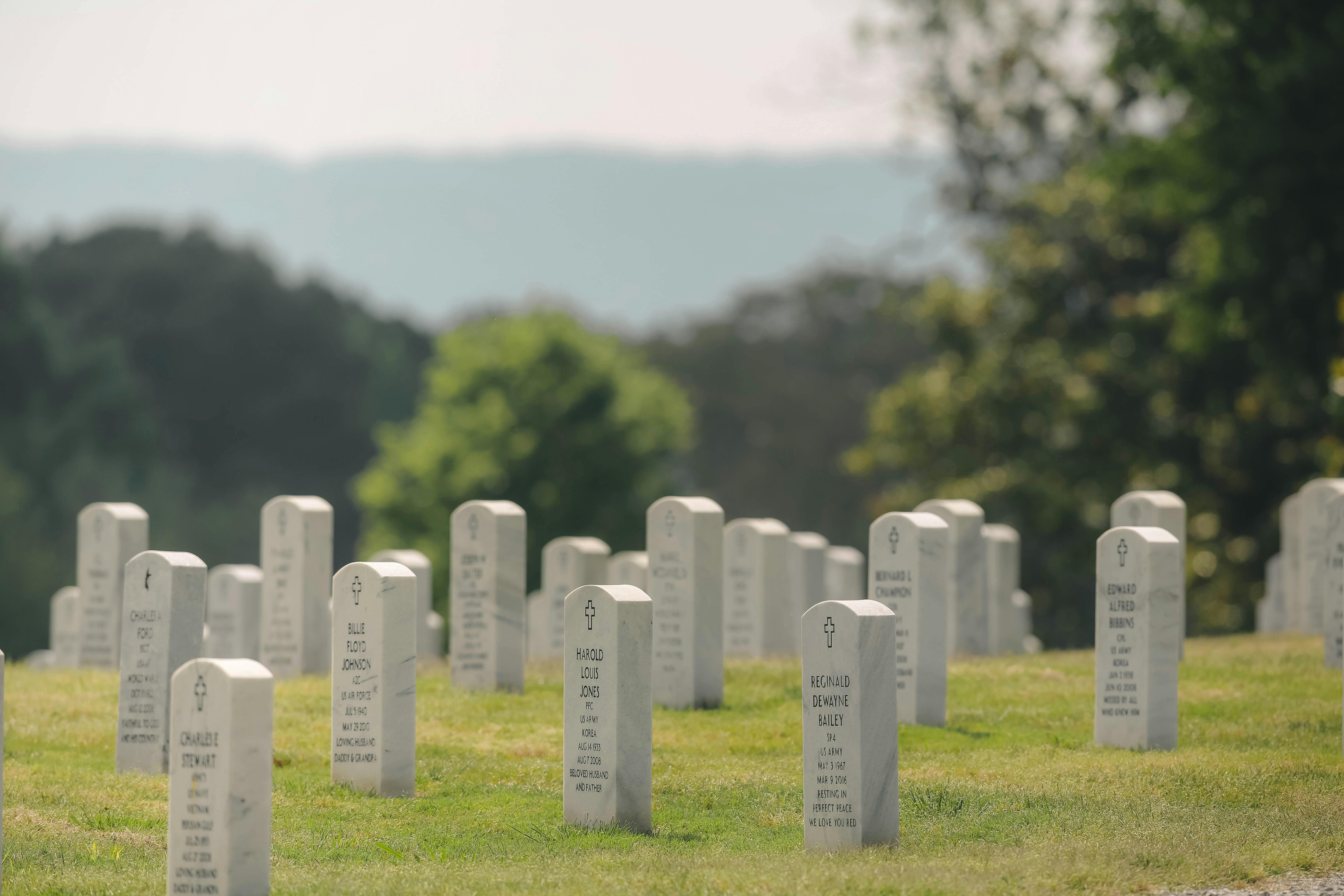 Military cemetery with rows of white headstones on a sunny day, surrounded by greenery.