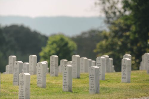 Free Military cemetery with rows of white headstones on a sunny day, surrounded by greenery. Stock Photo