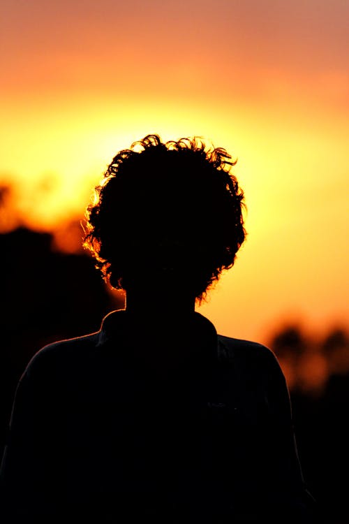 Silhouette of a Person with Curly Hair During Sunset