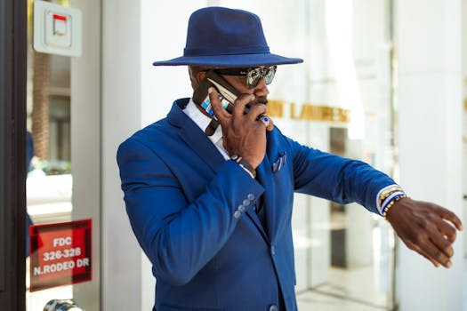 Elegant businessman in a blue suit using a mobile phone outdoors.