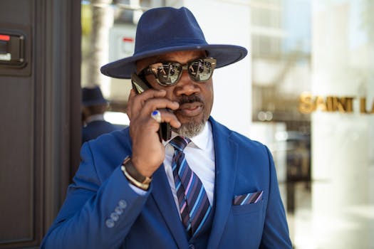 Stylish businessman in blue suit and hat making a phone call outdoors.