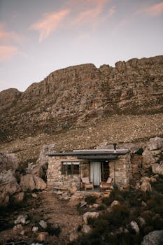 Cozy stone cabin nestled in a rugged mountain landscape at twilight, ideal for nature lovers.