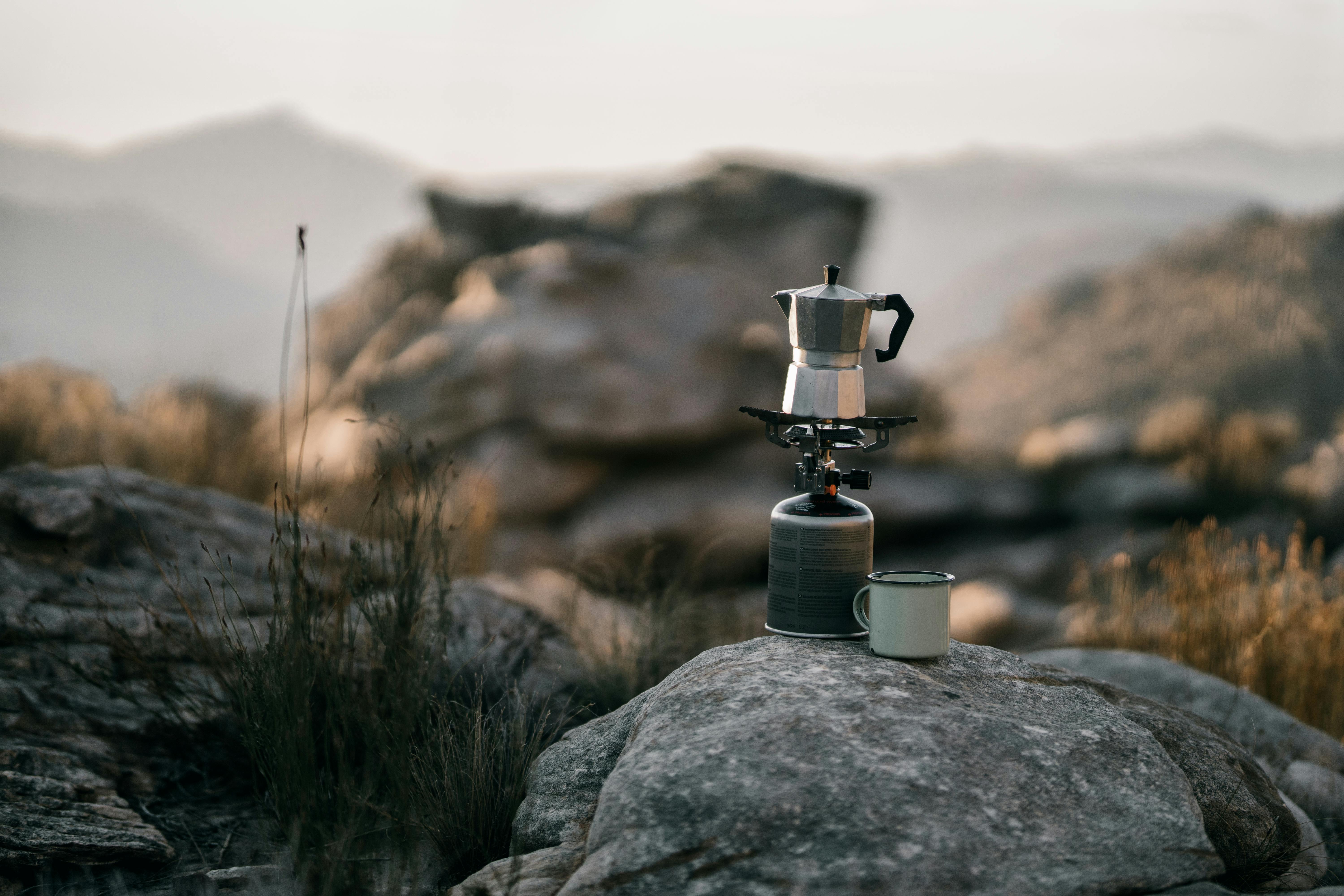 Coffee In A Moka Pot On A Camping Fire In The Morning Stock Photo