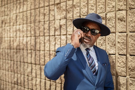 A man in a blue suit and hat talks on his phone against a textured wall.