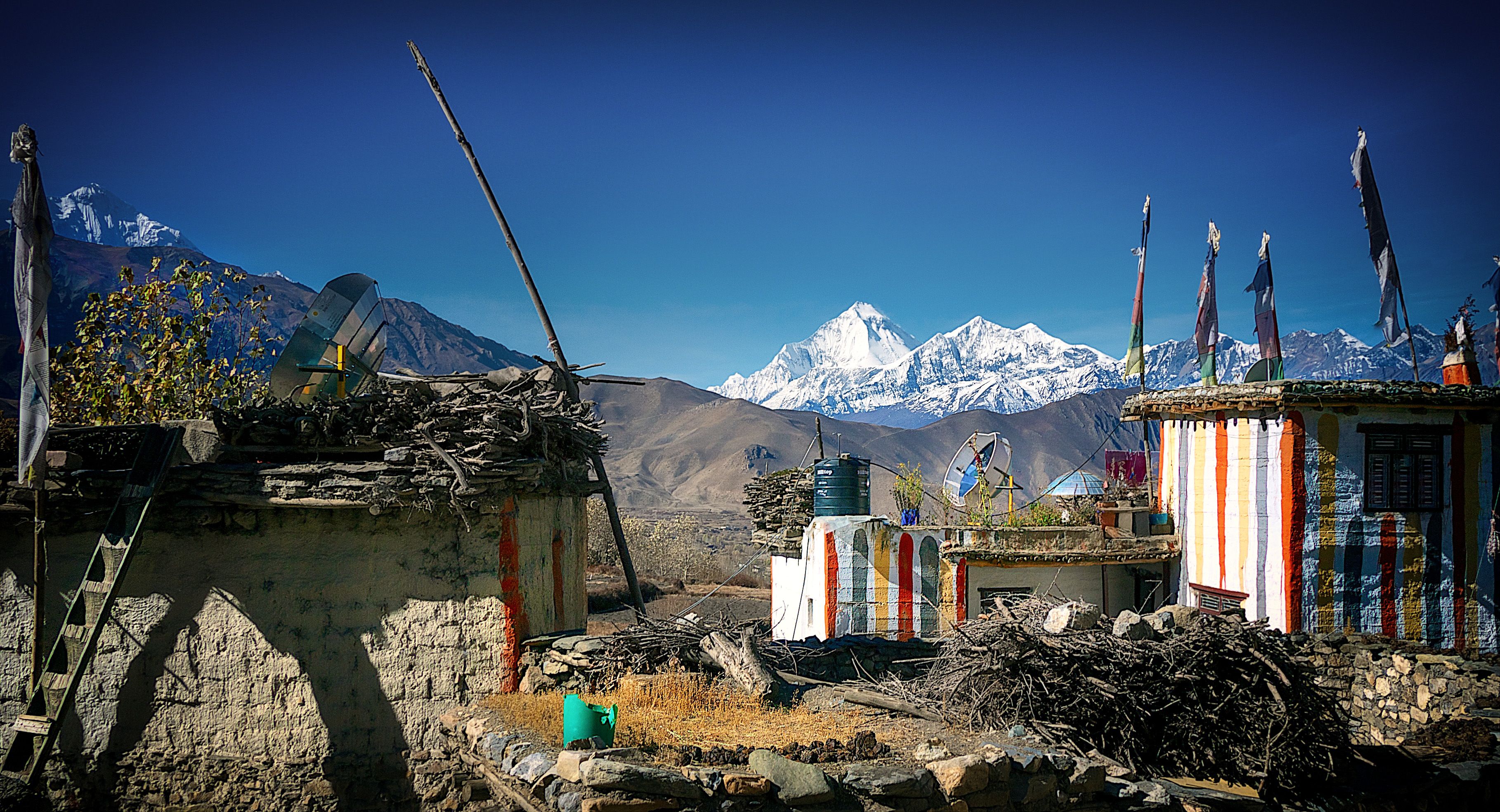 Traditional Himalayan village with colorful houses and snow-covered mountains in the background.