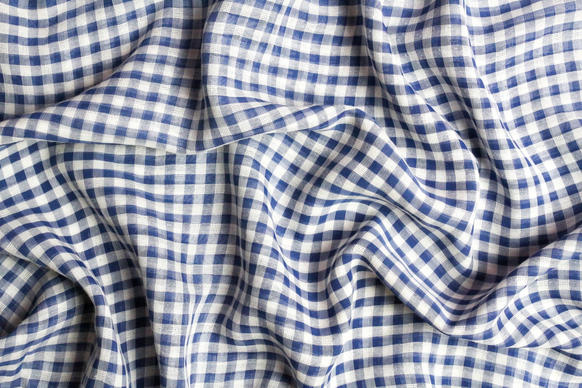 Detailed close-up of blue and white checkered fabric texture.