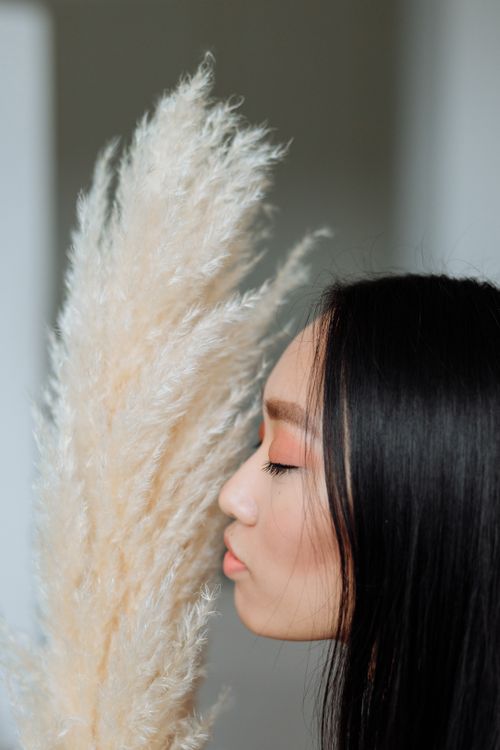 Free Elegant portrait of a woman with closed eyes and pampas grass, conveying tranquility and natural beauty. Stock Photo