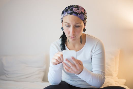 A woman in a headscarf using a smartphone while sitting on a bed indoors, conveying a sense of recovery.