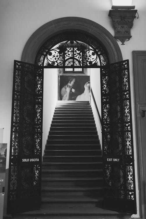 Arched doorway with ornamental metal door and stairs