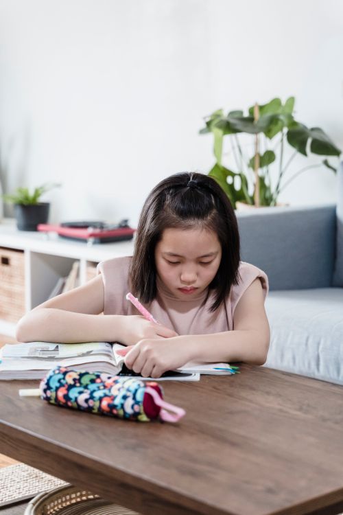 Free A focused young girl writes in a notebook at a table in a cozy home setting. Stock Photo