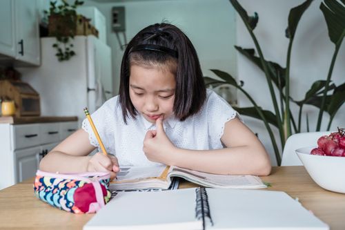 Free A young girl in a kitchen intently doing her homework, writing in a notebook. Stock Photo