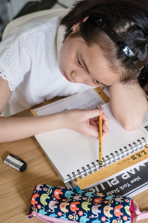 Free Young Asian girl diligently studying indoors, focused on her homework with stationery. Stock Photo