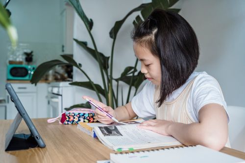 Free Young Asian girl studying indoors, using a tablet, surrounded by plants and a colorful pen case. Stock Photo