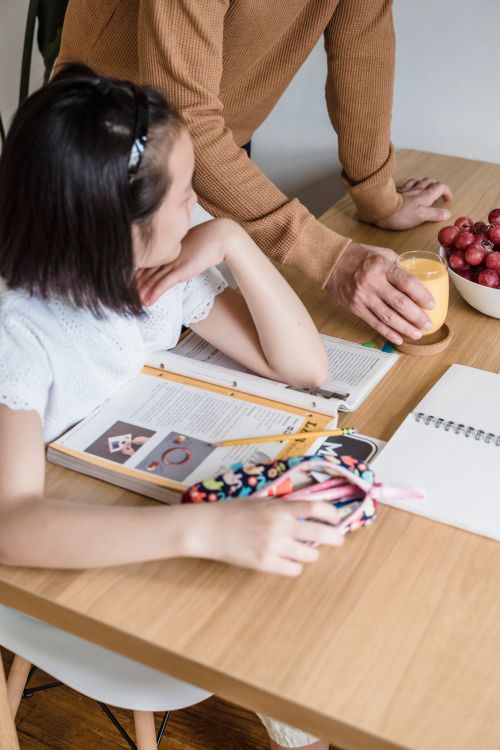 Free Child engaged in study with adult support, featuring snacks and a cozy home setting. Stock Photo