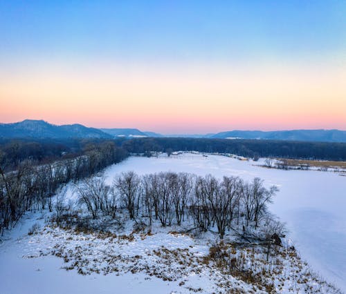 Bare Trees and Snow Covered Lake