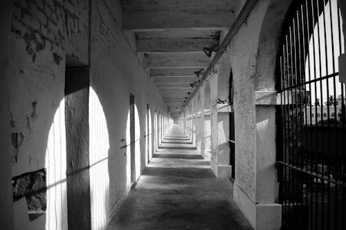 Grayscale Photo of a Hallway 