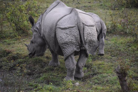 A one-horned rhinoceros grazing in Kaziranga National Park, India.
