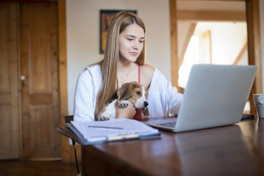 A young woman works indoors on a laptop, holding her beagle for companionship.