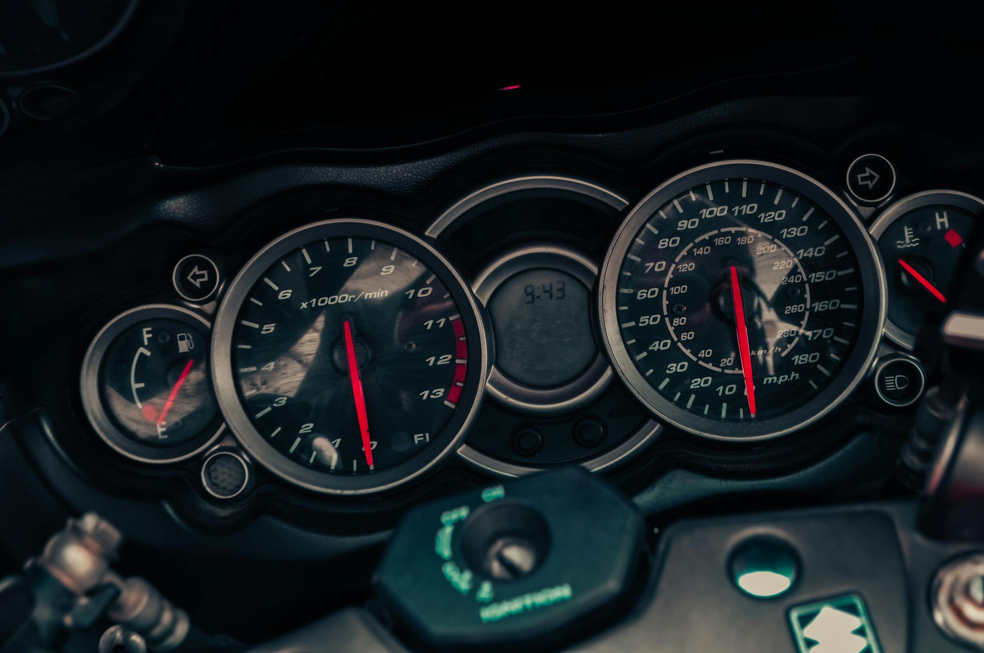 Detailed view of a motorcycle dashboard showing speedometer and gauges.