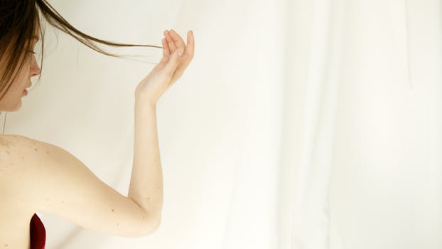 A minimalist portrait of a woman holding her hair against a soft white background.