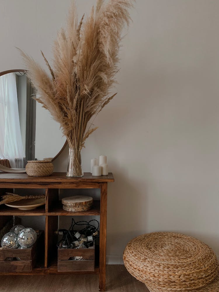 ]Woven Baskets Besides A Wooden Table