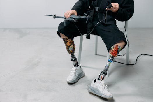 Person with prosthetic legs operating a quadcopter drone, showcasing modern technology and innovation.