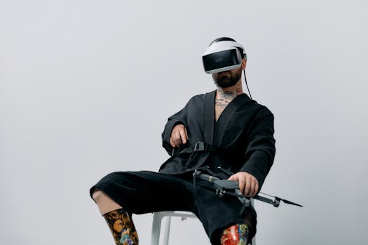 Man sitting indoors, wearing VR headset and prosthetic legs, holding drone. Futuristic tech theme.