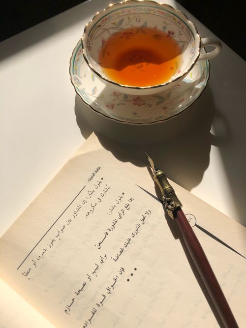 Free Elegant still life with a teacup and fountain pen on a page highlighted by warm sunlight. Stock Photo