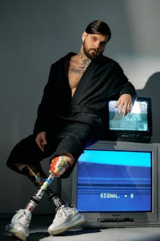 Man in a bathrobe with prosthetic legs sitting on CRT TVs in a conceptual studio setup.