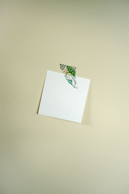 Free Simple minimalist photo of a blank paper taped to a wall with decorative tape. Stock Photo
