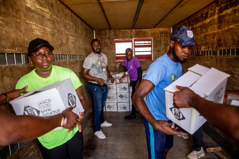 Dedicated volunteers organize food boxes in a truck for community distribution.