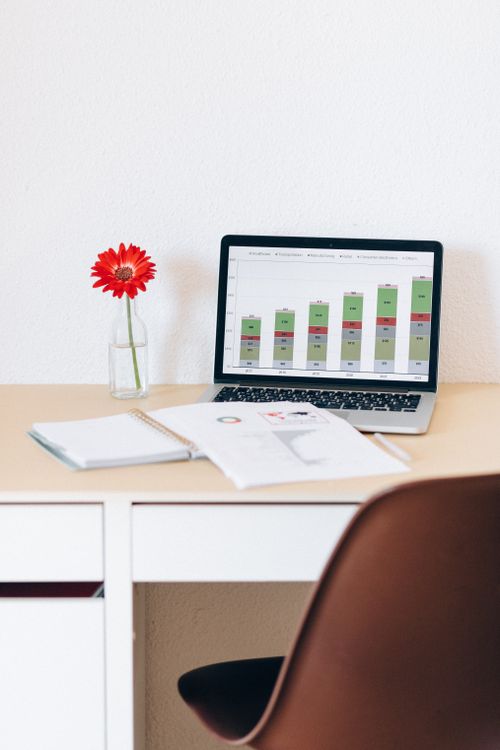 Free Modern home office with laptop displaying financial charts and a red flower in a vase for a touch of style. Stock Photo