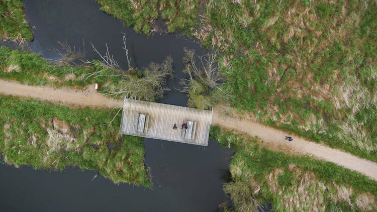 Aerial View Of A Wooden Deck Connecting Paths