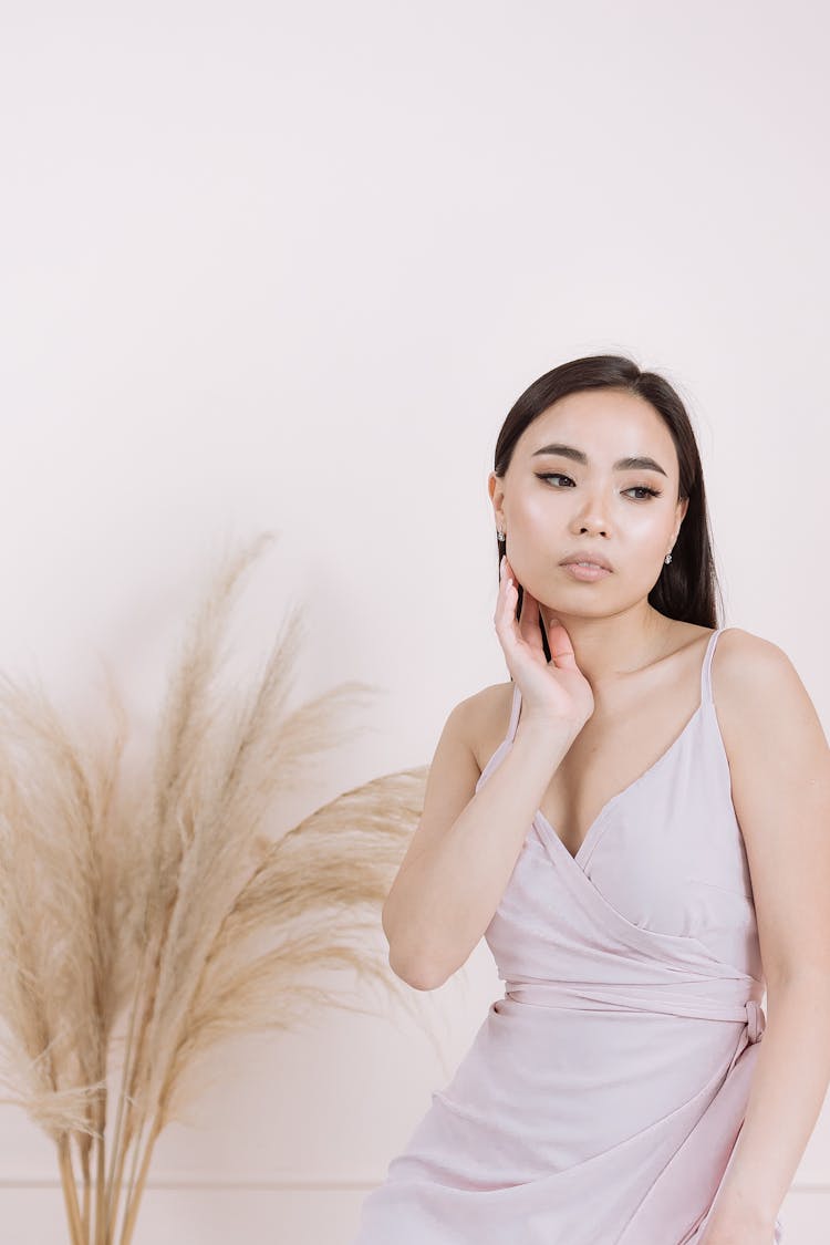 Brown Pampas Grasses Near A Woman Posing 