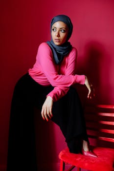 Elegant portrait of a woman in pink and black attire with a grey hijab against a red background.