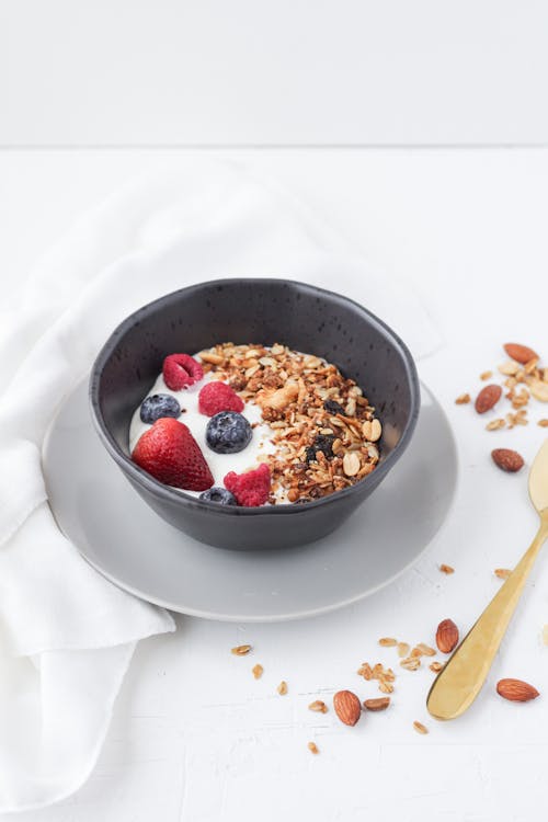 Free Bowl of Cereals with Fresh Fruits Stock Photo