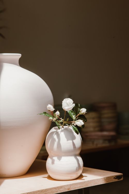 Free Aesthetic arrangement of white ceramic vases and blooming roses in soft lighting. Stock Photo