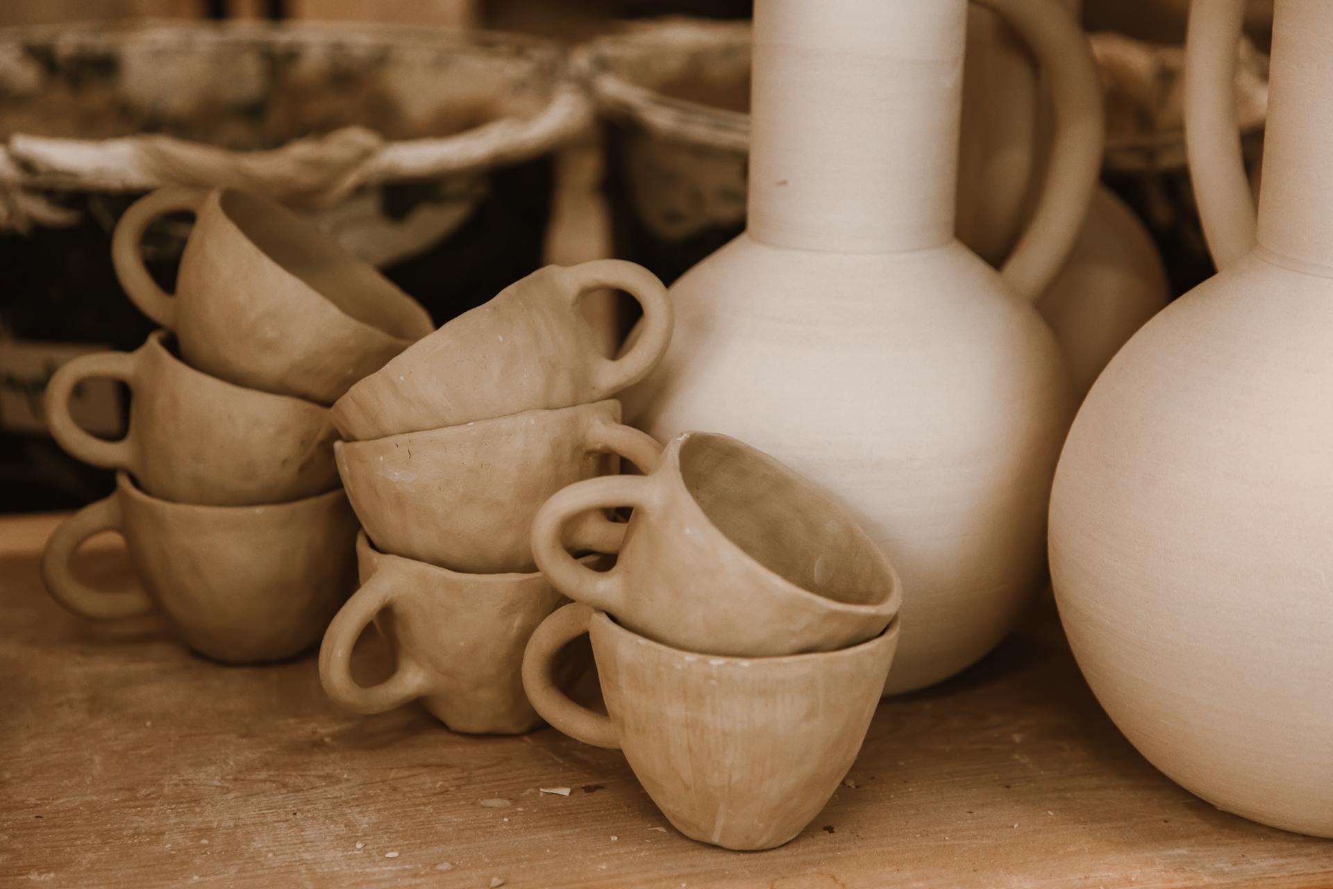 Dry Cups and Vases in a Pottery Workshop