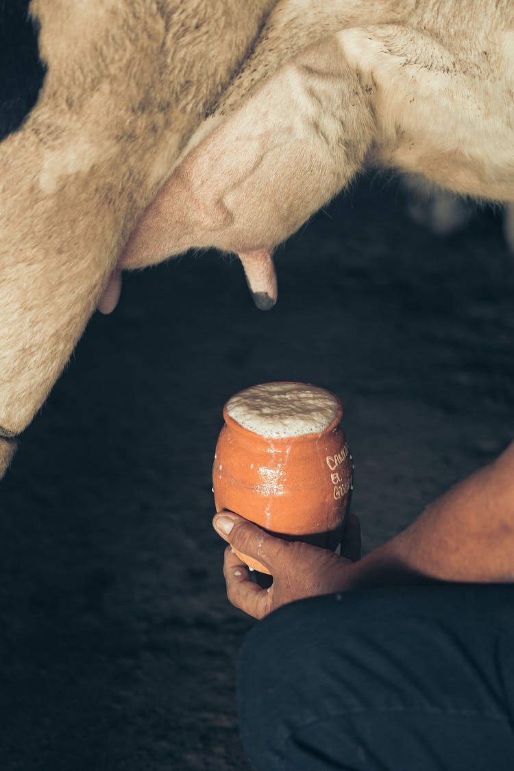 Person Holding A Brown Ceramic Cup With Overflowing Milk 