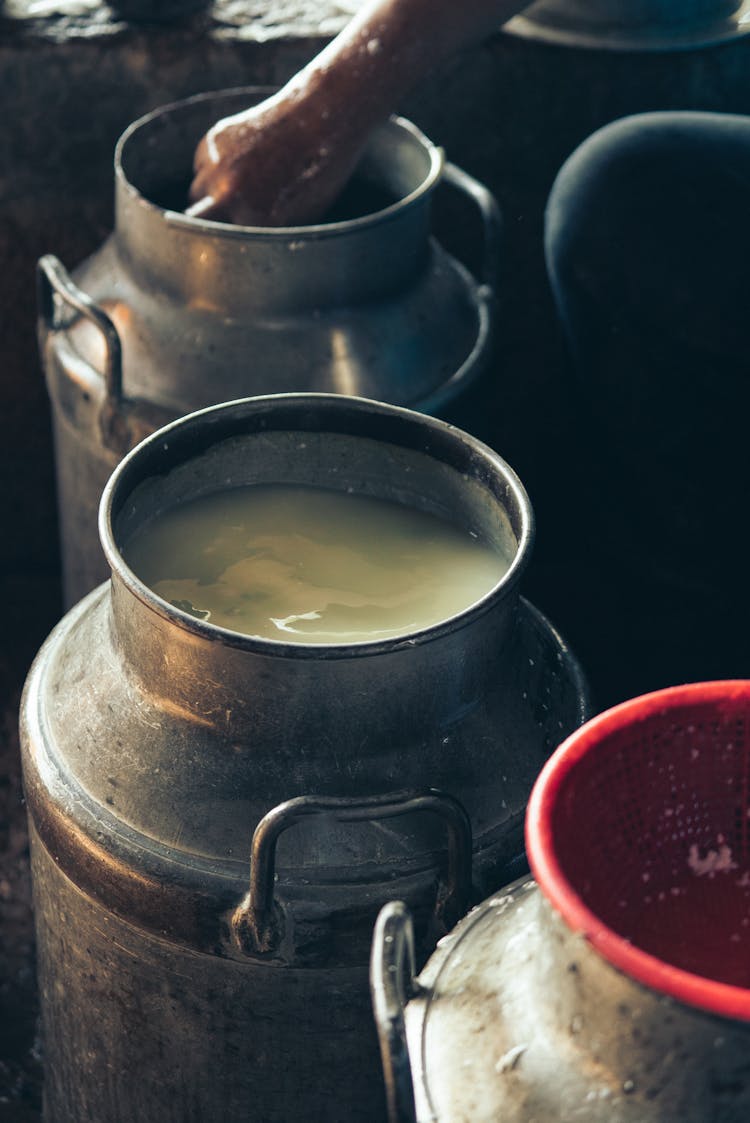 Person Scooping Cottage Cheese From Large Flask