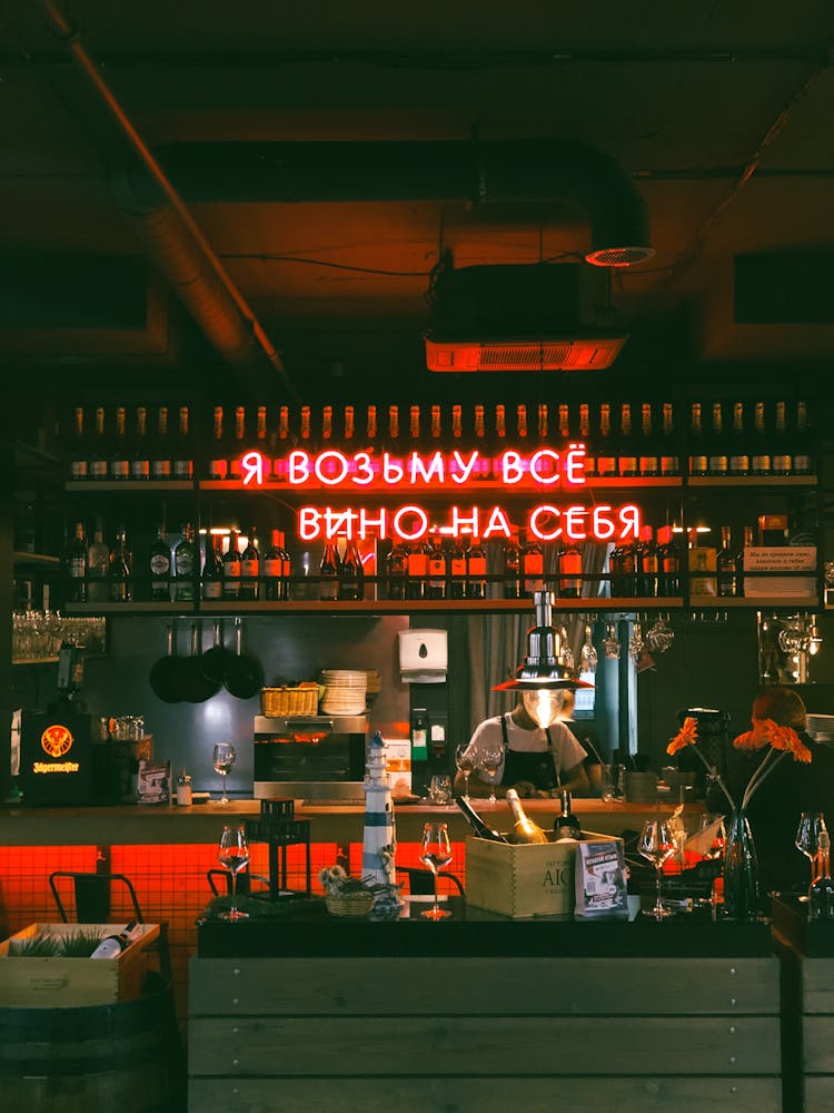 Bar With Neon Signages