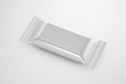 A minimalist silver candy wrapper mockup on a white background, perfect for branding.
