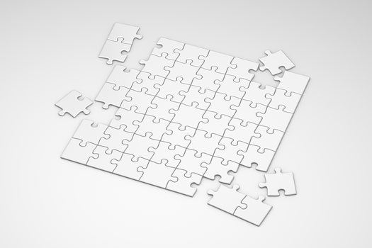 A top view of incomplete white puzzle pieces on a clean, minimalist background.