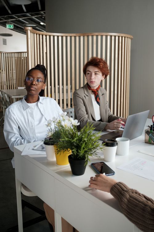 Free Two professionals engaged in a meeting at a modern office with a laptop and documents. Stock Photo