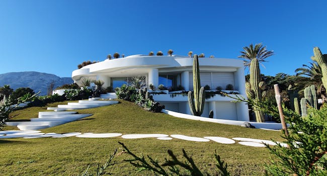 Contemporary white villa with garden and cacti in Dénia, Spain under a clear blue sky.