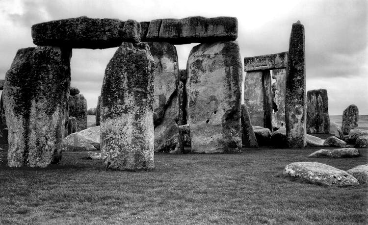 A Grayscale Photo Of A Stonehenge